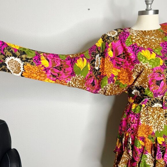 Vintage 80s GILLIAN Floral Silk Jacquard Dolman Ruffled Skirt DRESS Size S - Picture 9 of 11